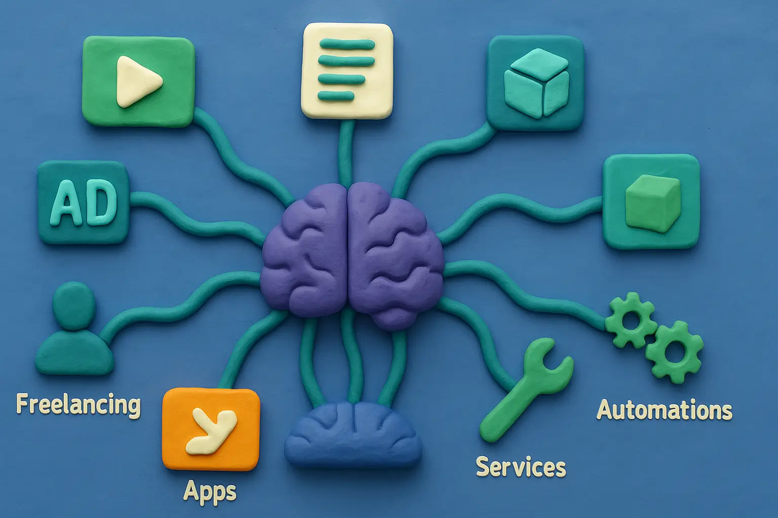 Clay-style AI brain with ten cables connecting to icons for videos, articles, apps, products, freelancing, ads, automations, and services.
