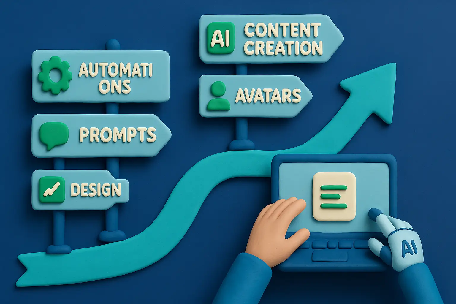 Clay-style path with AI income ideas like automations, prompts, avatars, design, and content creation.