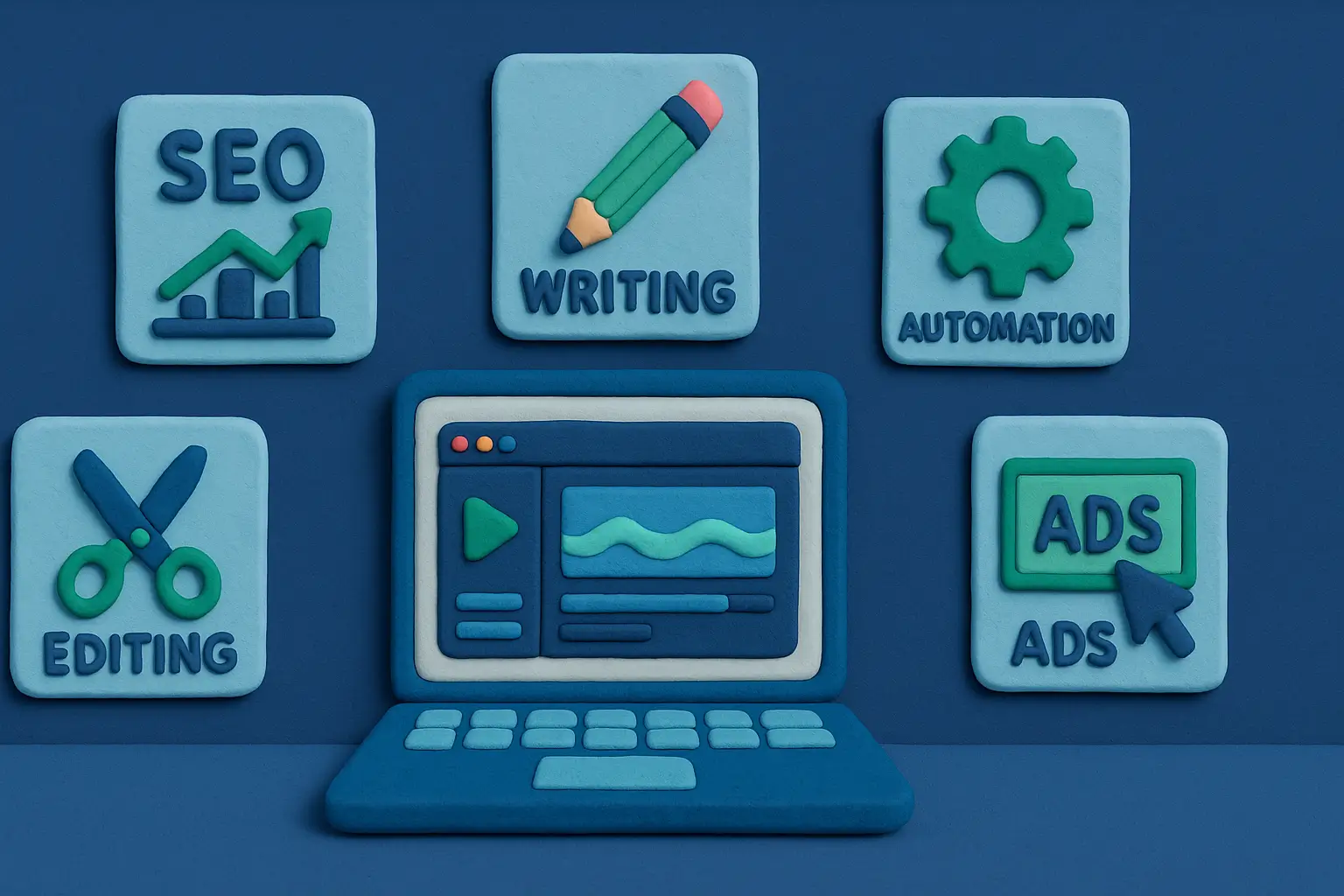 Clay-style laptop surrounded by skill icons like SEO, writing, automation, editing and ads for online success.