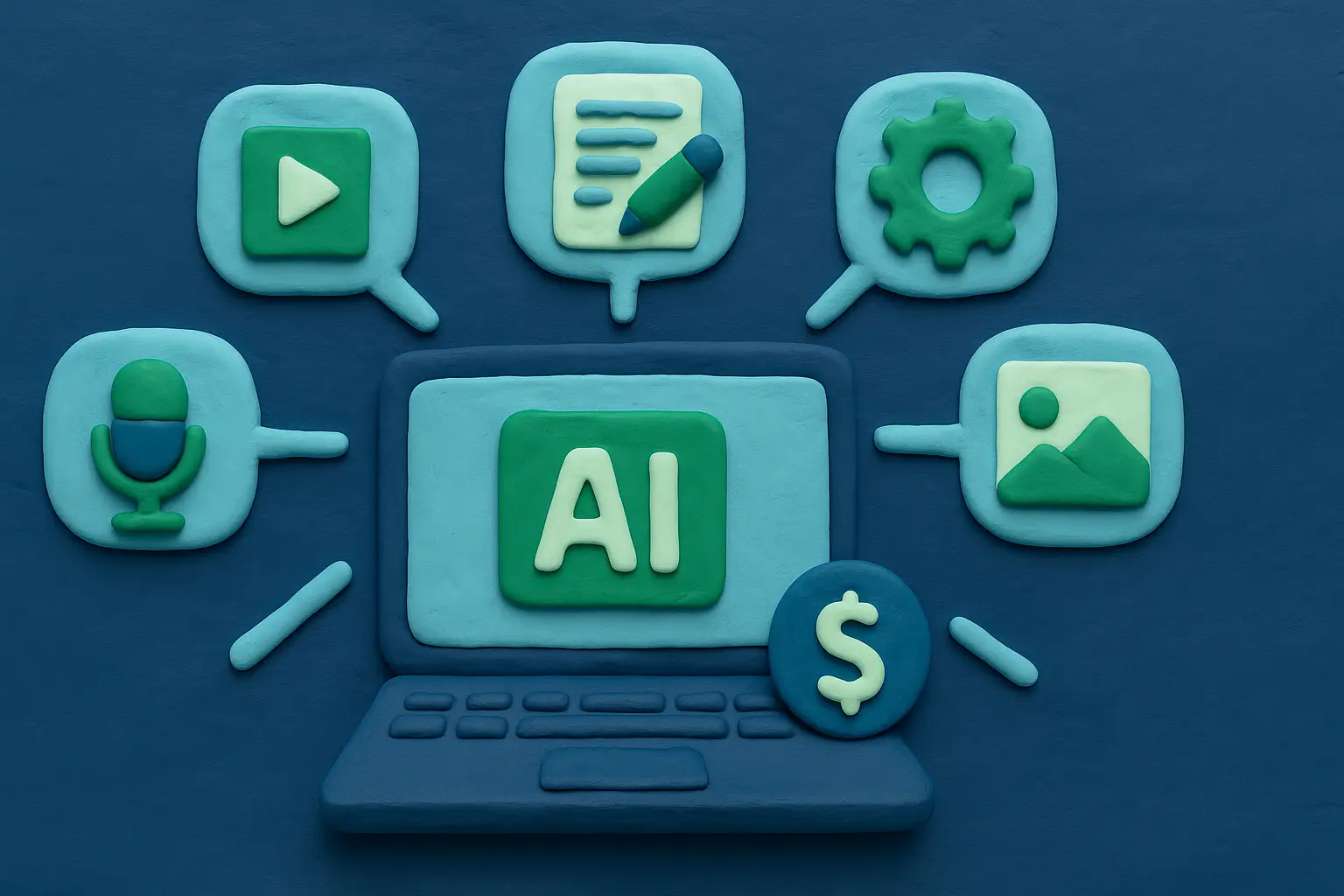 Clay-style laptop surrounded by AI content creation icons for video, writing, automation, audio, and images.
