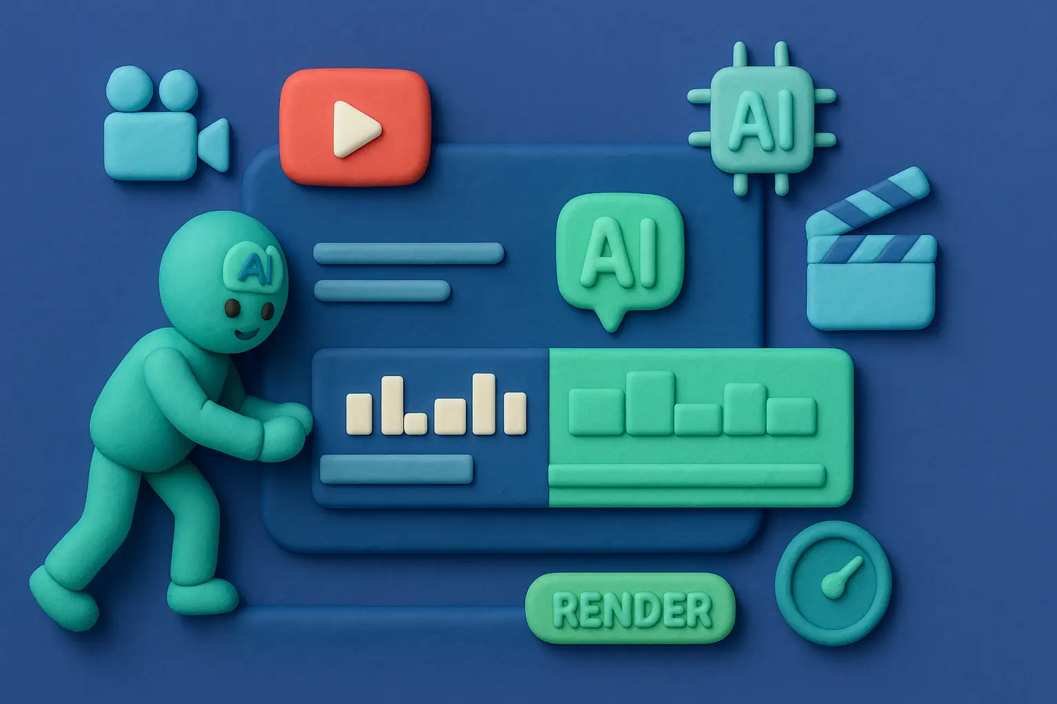 Clay-style AI robot speeding up a YouTube video editing timeline with icons for render and automation.