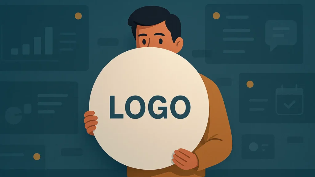 “Person peeking from behind a large circular logo against an abstract digital UI background, symbolizing hiding behind a brand instead of showing a personal voice.”