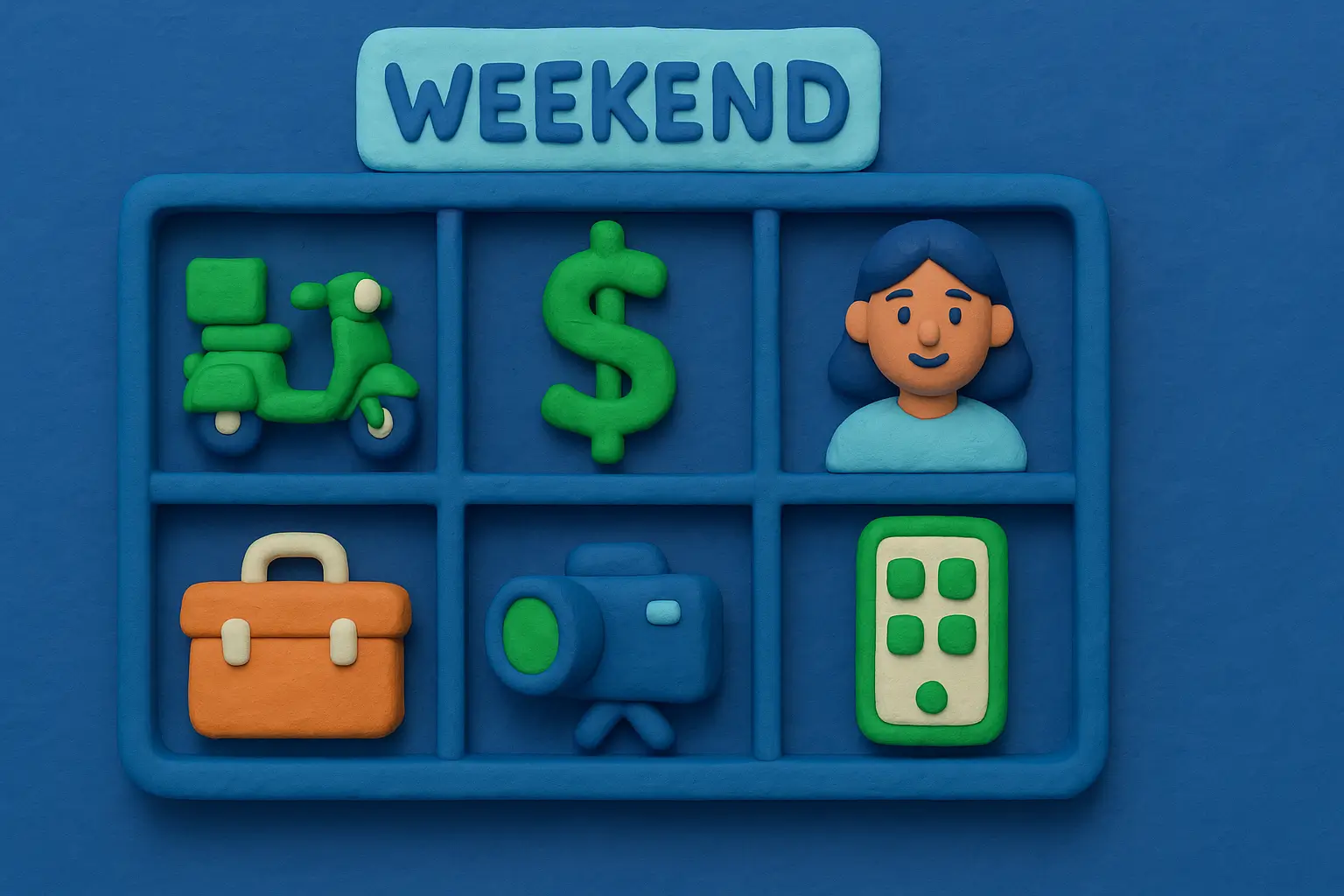 Clay-style weekend shelf displaying extra income ideas like delivery, tools, video, and digital tasks.