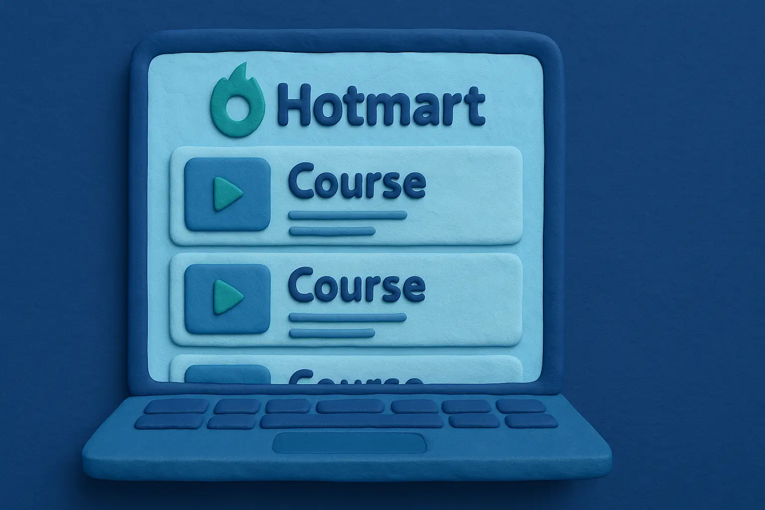 Clay-style laptop showing the Hotmart interface with a list of online courses available.