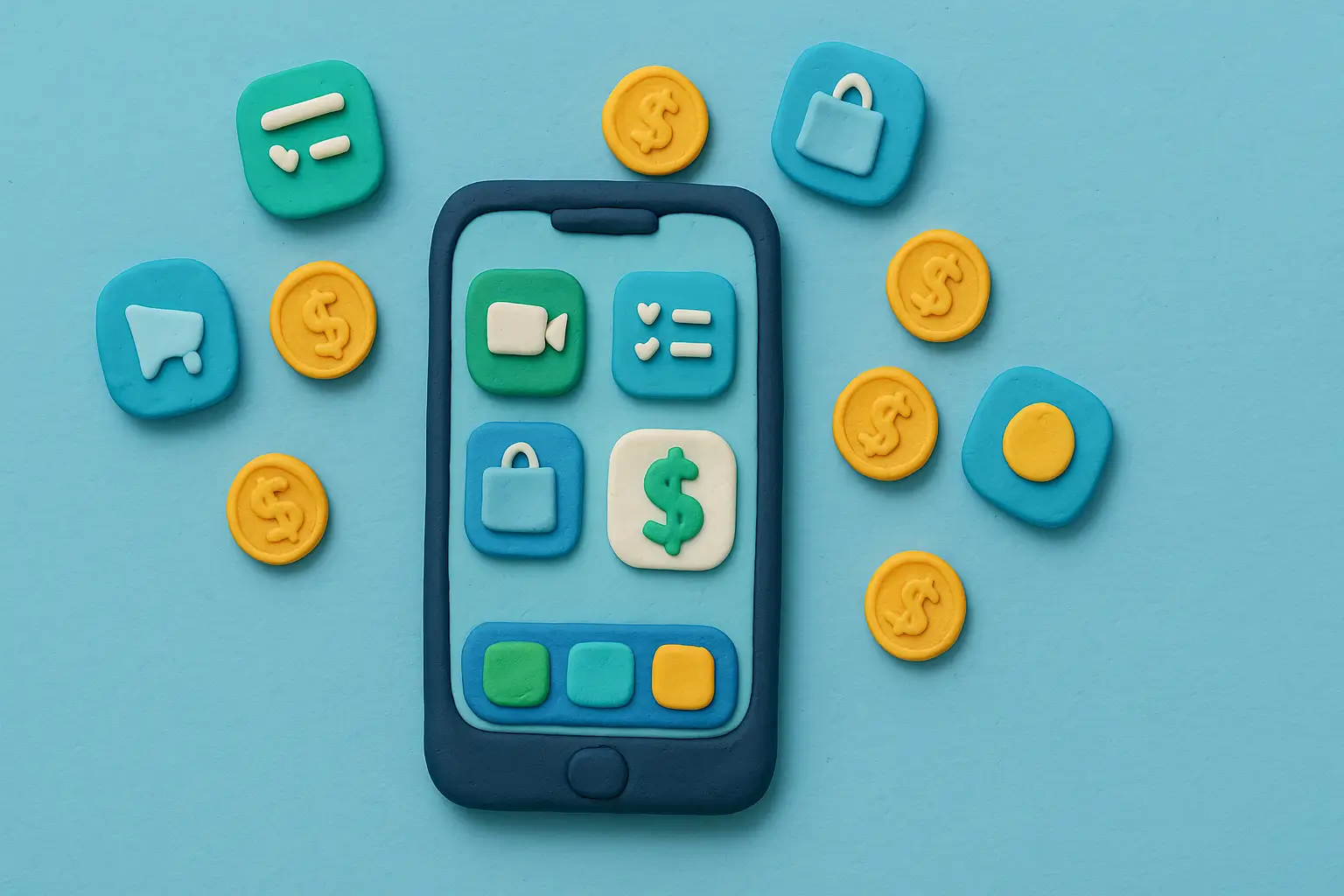 Clay-style smartphone surrounded by app icons and dollar coins, representing money-making mobile apps.