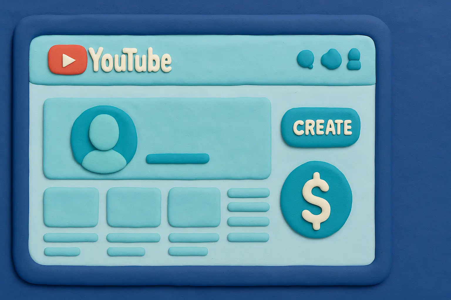 Clay-style YouTube channel page with anonymous avatar and create button.