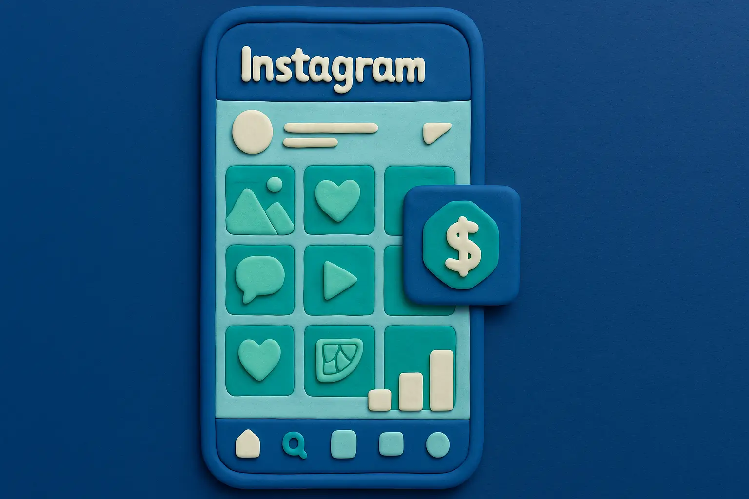 Clay-style Instagram profile page with a grid of posts and a dollar icon symbolizing monetization.