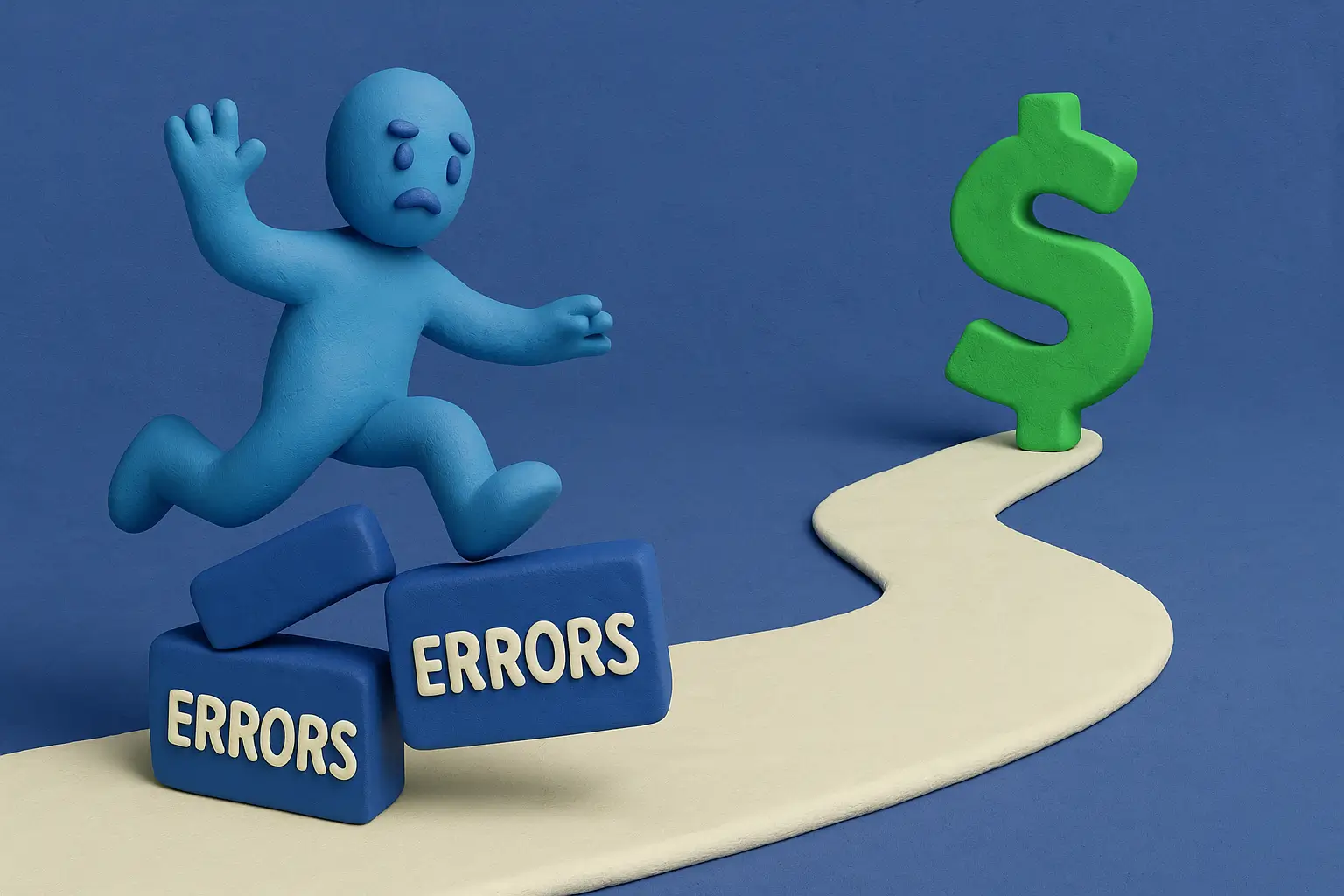 Clay-style figure tripping over ‘ERRORS’ blocks on a path leading to a green dollar sign.