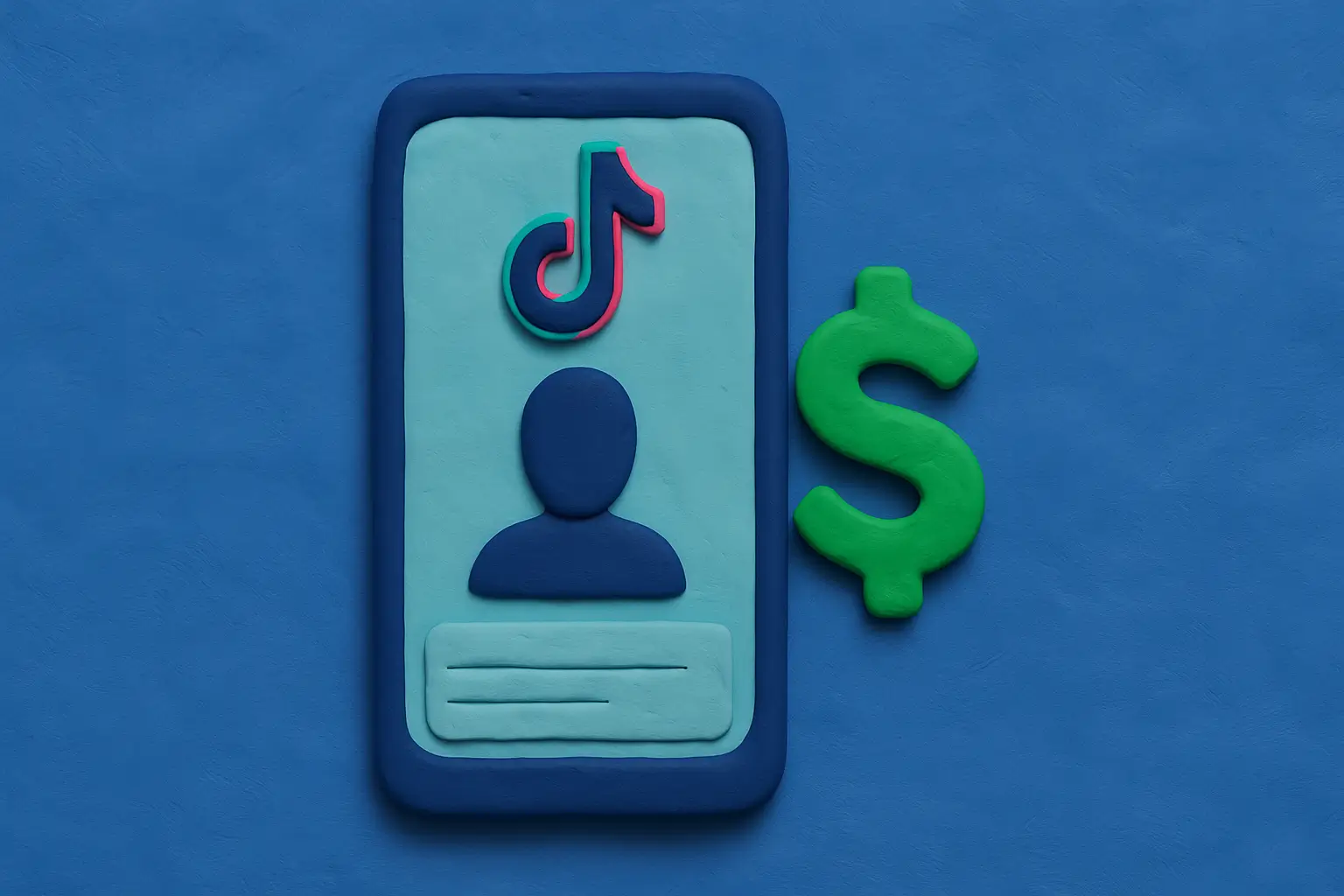 Clay-style TikTok profile with anonymous avatar and green dollar sign symbolizing monetization.