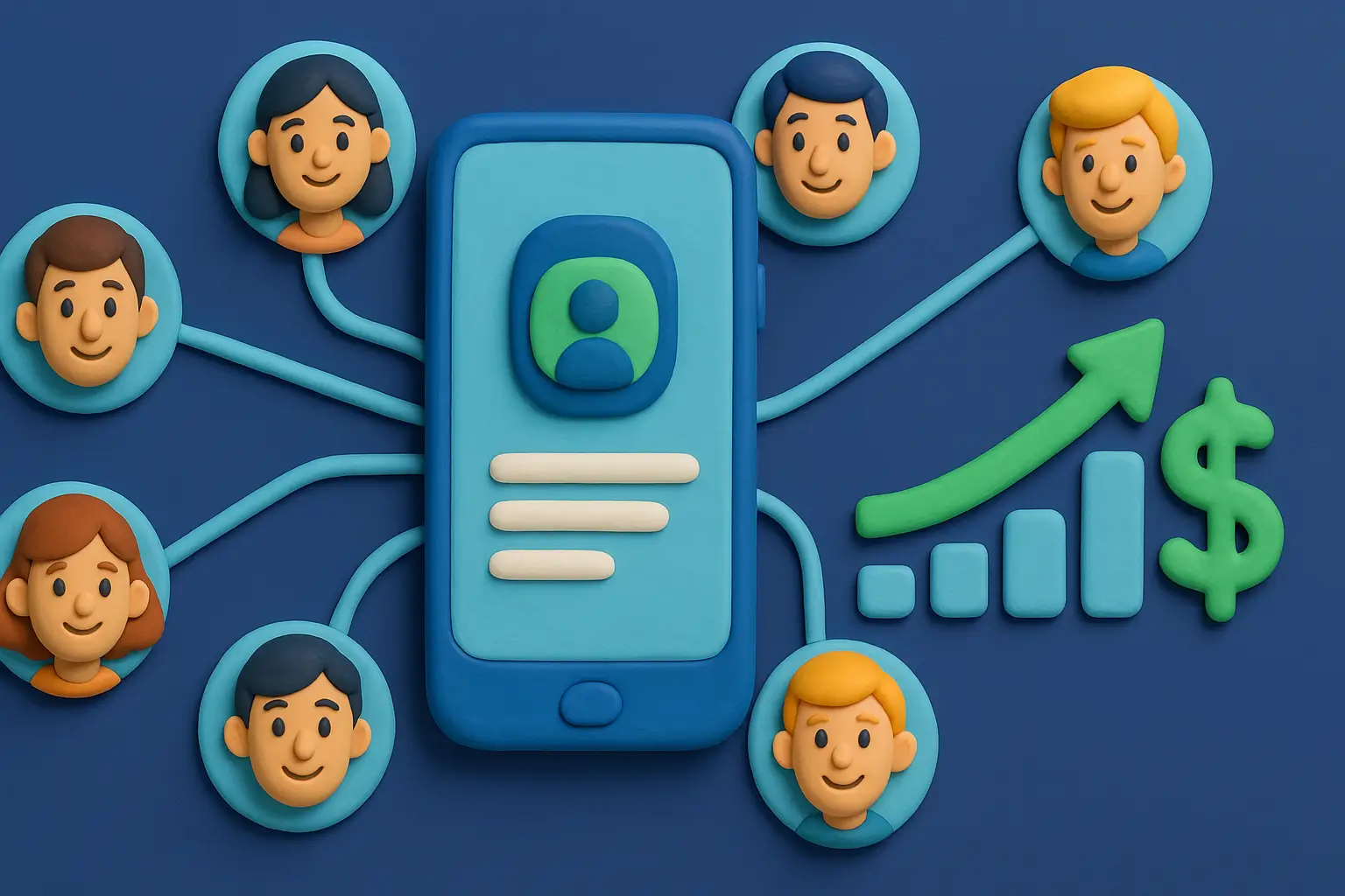 Clay-style smartphone connected to multiple user avatars with a rising profit chart and dollar symbol.