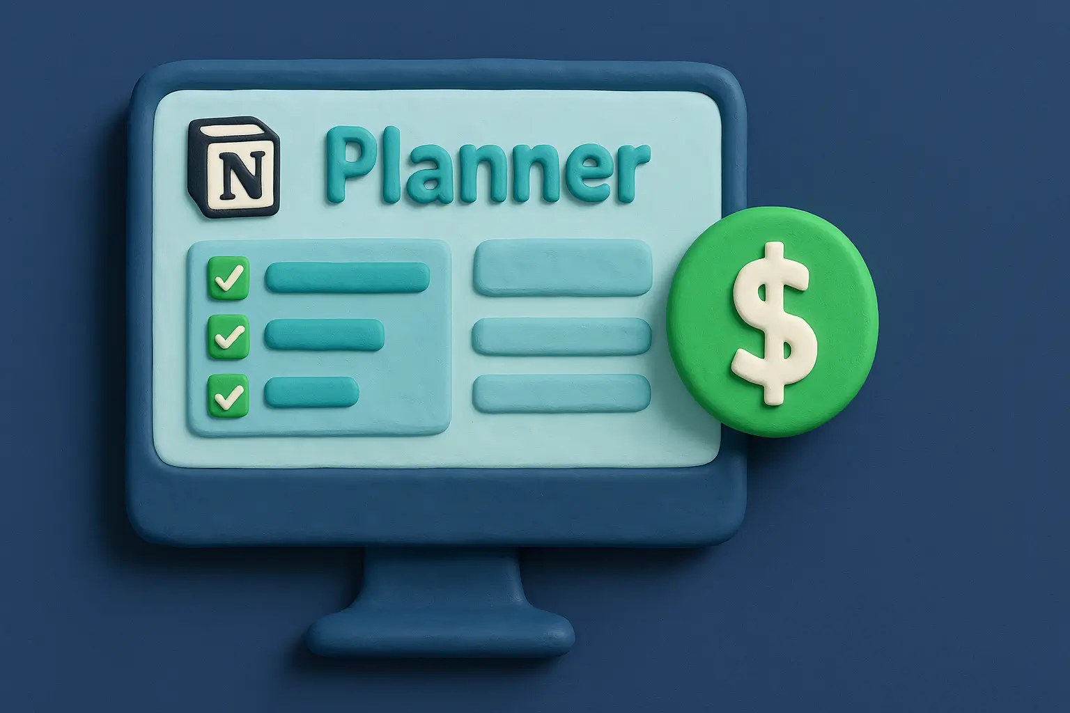 Clay-style Notion planner template on a computer screen with a green dollar icon symbolizing template sales.