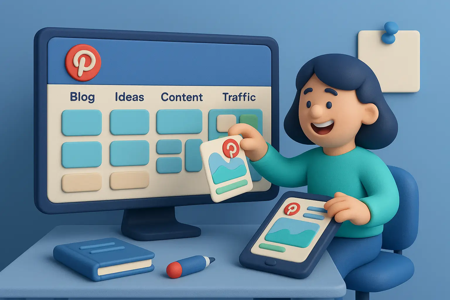 3D clay-style illustration of a blogger organizing Pinterest pins on a computer and tablet to boost blog traffic.