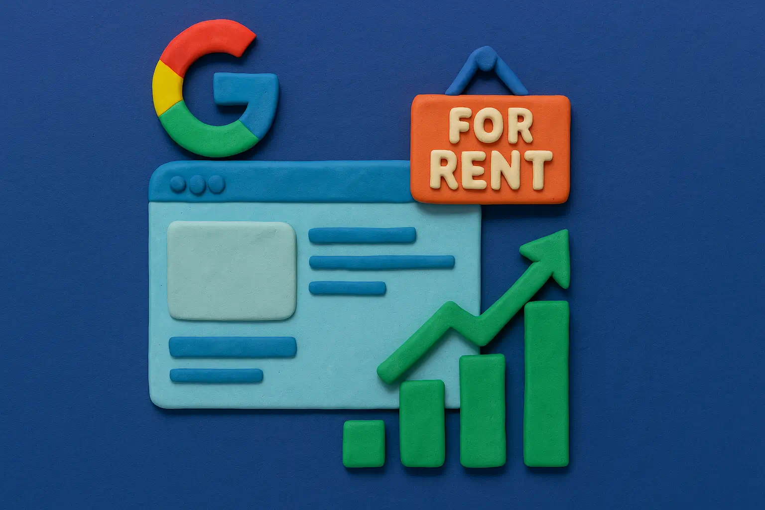 Clay-style website with rising SEO ranking chart and a ‘For Rent’ sign symbolizing rank and rent strategy.