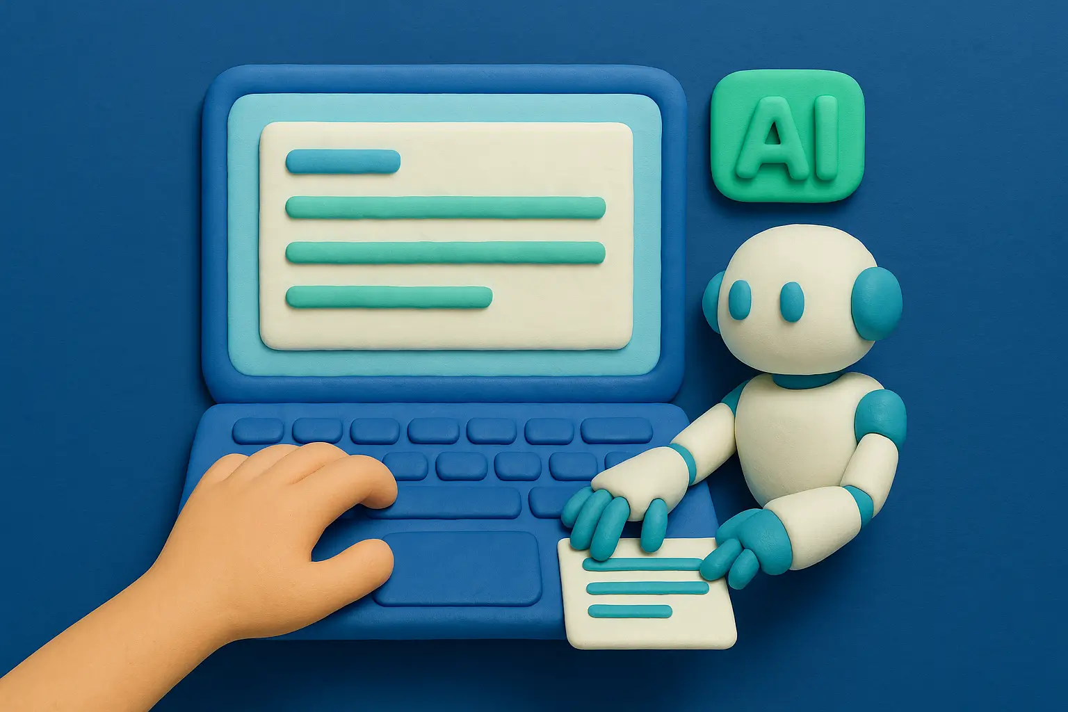 Clay-style human hand and AI robot writing together on a laptop screen.