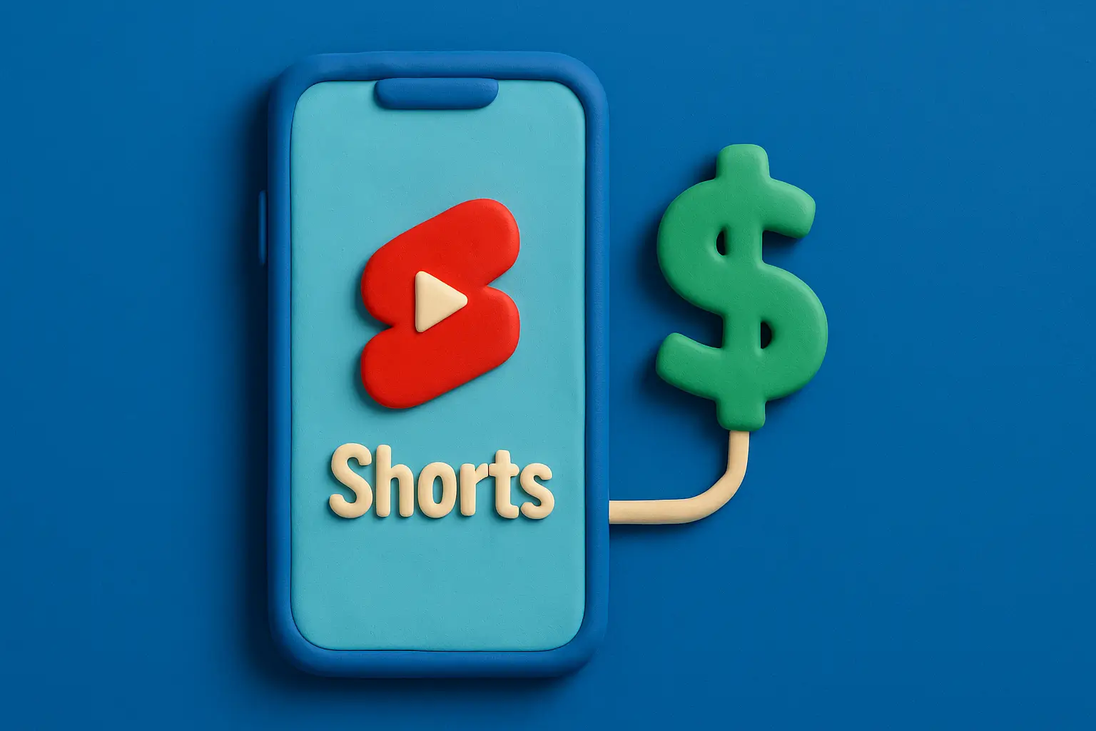 Clay-style smartphone with YouTube Shorts logo connected to a green dollar sign, symbolizing monetization.